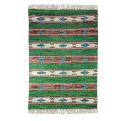 Indian Meadows,'Wool Dhurrie Rug (4x6) in Green, Orange and Blue'