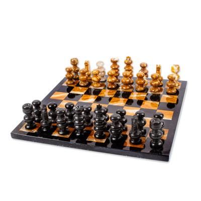 Earthen Challenge,'Brown and Black Marble Chess Set Crafted in Mexico'