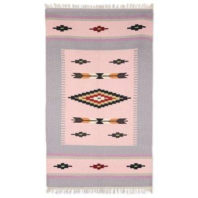 Pink Comfort,'Handloomed Pink Wool Area Rug with Geometric Motifs (3x5)'