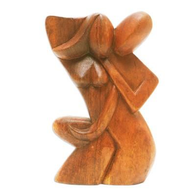 Comfort Hug,'Hand-Carved Romantic Suar Wood Sculpture of a Couple'