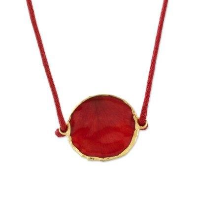 Scarlet Delight,'Thai Gold Accented Natural Rose Petal Pendant Necklace'