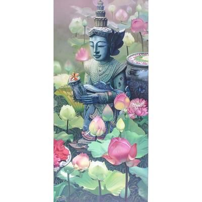 Lanna Woman,'Original Signed Acrylic Painting of Thai Garden'