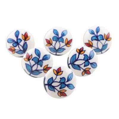 Cheerful Leaves,'Hand-Painted Leaf-Motif Ceramic Knobs (Set of 6)'