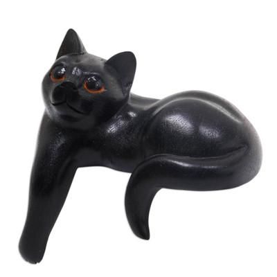 Watchful Black Cat,'Hand Carved Wooden Cat Sculpture with Black Finish'