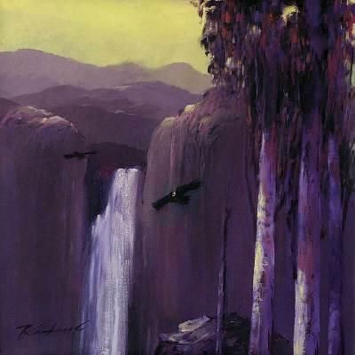 Torrent,'Andean Waterfall Landscape in Purple Shades Oil Painting'