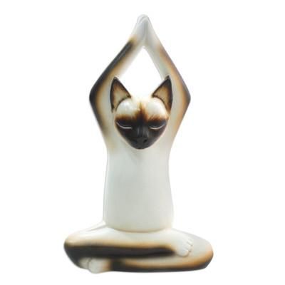 Toward the Sky,'Wood Sculpture Yoga Siamese Cat'