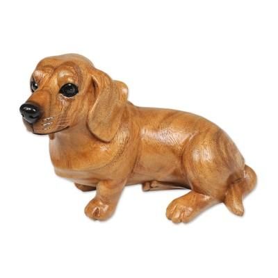 'Hand-Carved Wood Figurine of Stretching Brown Dachshund'