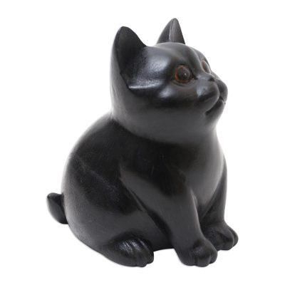 Chubby Cheeks,'Wood Cat Figurine in Black Hand-Painted in Bali'