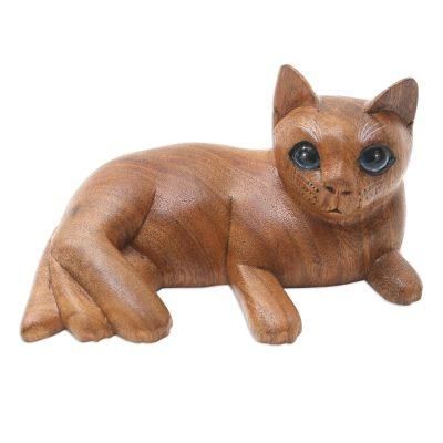 Feline Friend in Brown,'Handmade Suar Wood Cat Statuette from Bali'