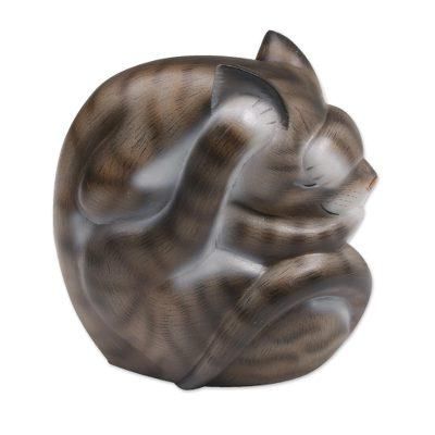 Virtuous Kitty,'Curled Wood Cat Sculpture in Grey and White from Bali'