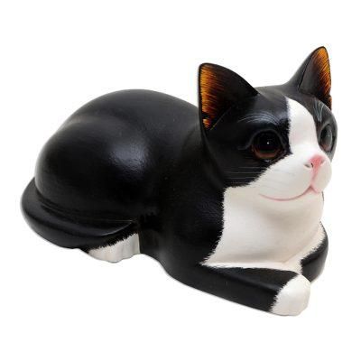 Reclining Cat,'Hand Carved Suar Wood Cat Statuette'