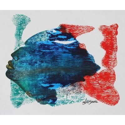 Fantasy,'Multicolored Expressionist Painting of a Blue Face India'