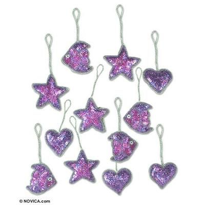 'World of Joy' (set of 12) - Purple Hand Beaded Ornaments from India