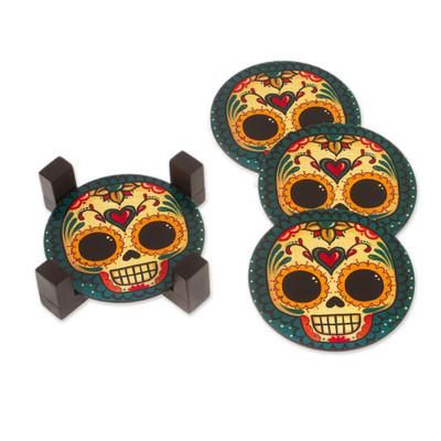 Loving Skull,'4 Day of the Dead Smiling Skulls Decoupage Wood Coaster Set'