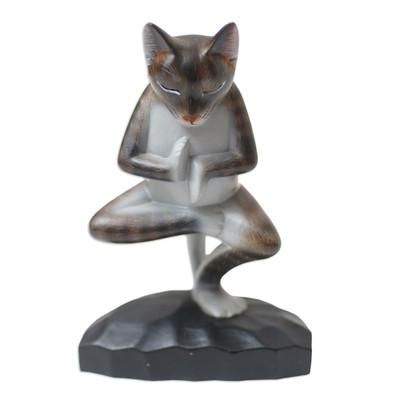 Yoga Kitty in Grey,'Wood Meditating Cat Sculpture in Grey and White from Bali'