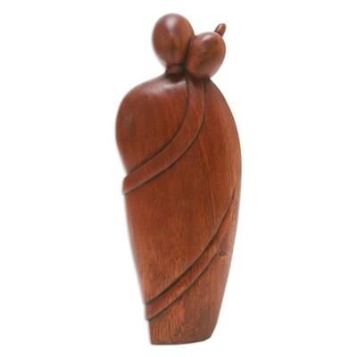 Hug Therapy,'Hand-Carved Polished Suar Wood Sculpture of a Couple'