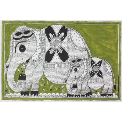 Elephant Connection,'Signed Madhubani Painting of Mother and Baby Elephant'