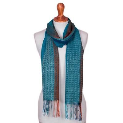 Mountain Rain,'Baby Alpaca Blend Hand Woven Blue and Orange Striped Scarf'