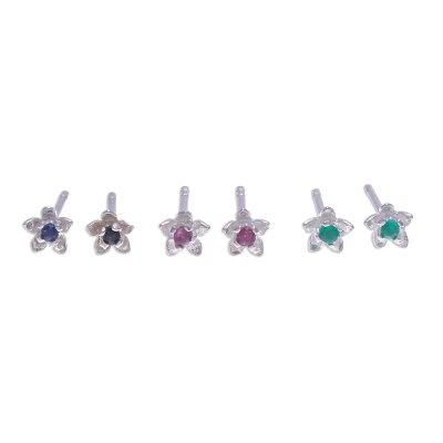 Color Prism,'Gemstone Stud Earrings with Floral Motif (Set of 3)'