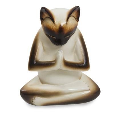 Wood sculpture, 'Kitty Meditates' - Original Hand Carved Cat Sculpture