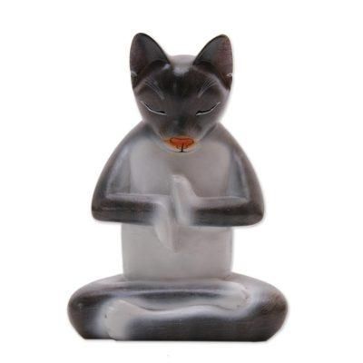 Full Lotus Cat in Grey,'Suar Wood Lotus Pose Yoga Cat Sculpture in Grey from Bali'