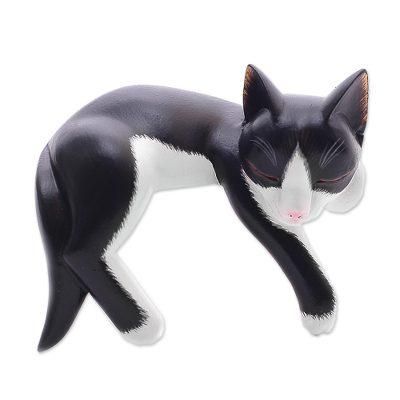 'Balinese Signed Hand-Carved Sleeping Tuxedo Cat Sculpture'