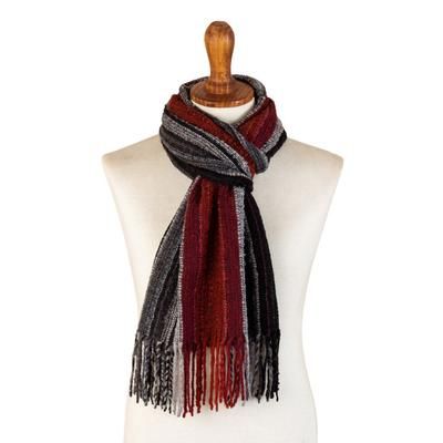 'Hand-Woven Striped Red and Gray Baby Alpaca Blend Scarf'