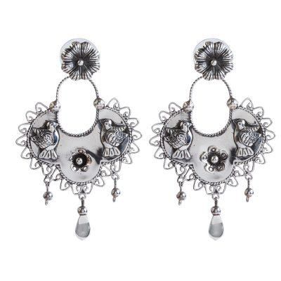 Eden Birds,'Bird Pattern Taxco Sterling Silver Dangle Earrings'