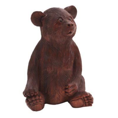 Fuzzy Bear,'Hand-Carved Suar Wood Bear Sculpture from Bali'