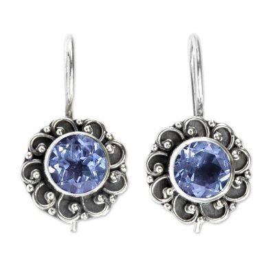 Singaraja Sunflower Blue,'Balinese Blue Topaz Sunflower Drop Earrings'