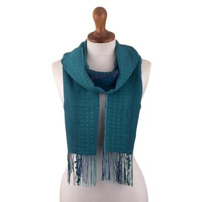 Peacock Path,'Teal Patterned Baby Alpaca Blend Scarf'