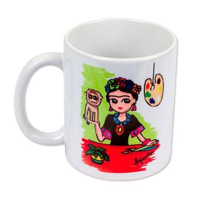 Frida with Monkey,'Multicolored Frida-Themed Art Print Mug'