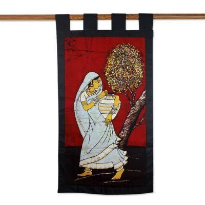 Cotton batik wall hanging, 'Carrying Water'