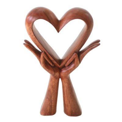 Giving Love,'Signed Wood Sculpture of Heart in Hands'