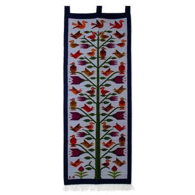 'Bird-Themed Handloomed Blue Wool Tapestry Made in Peru'