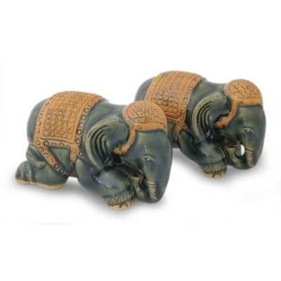 'Emerald Elephant' (pair) - Celadon Ceramic Elephant Sculpture
