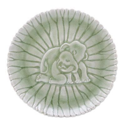 Elephant Nurture,'Hand Crafted Elephant Motif Celadon Ceramic Plate'