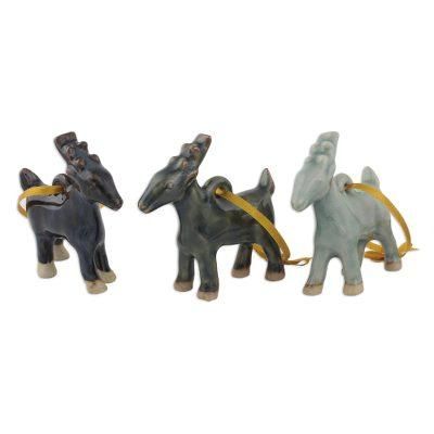 Celadon ceramic ornaments, 'Holiday Deer' (set of 3)