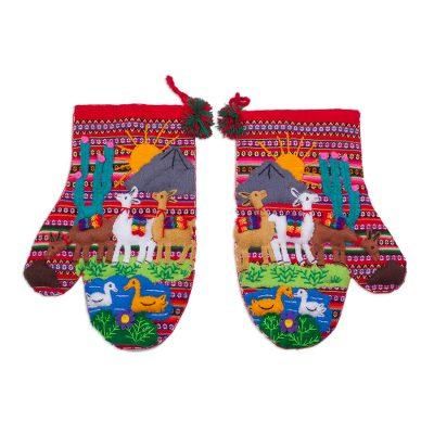 Llama Walk,'Hand Made Cotton Arpillera Decorative Mitts Featuring Llamas'