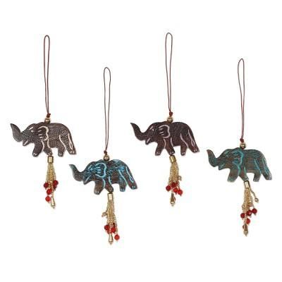Elephant Celebration,'4 Mango Wood Elephant Ornaments with Beaded Tassels'
