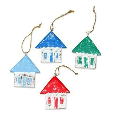 Festive Home,'Four Albesia Wood Distressed House Ornaments from Bali'