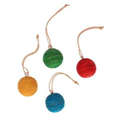 Colorful Orbs,'Round Natural Fiber and Wood Ornaments from Bali (Set of 4)'