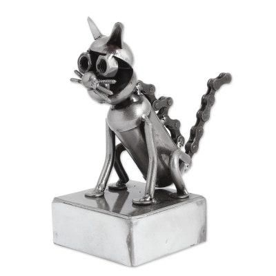 Sitting Cat,'Upcycled Metal Auto Part Cat Sculpture from Mexico'