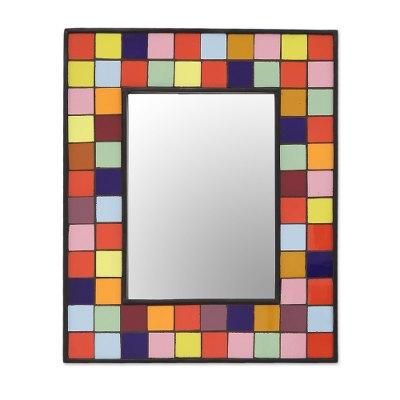 'Multi-Colored Square Tiles Ceramic Mango Wood Wall Mirror'