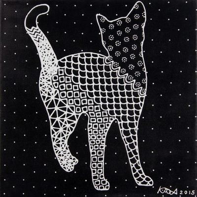 Happy Cat,'Signed Black and White Acrylic Painting of Cat from Thailand'