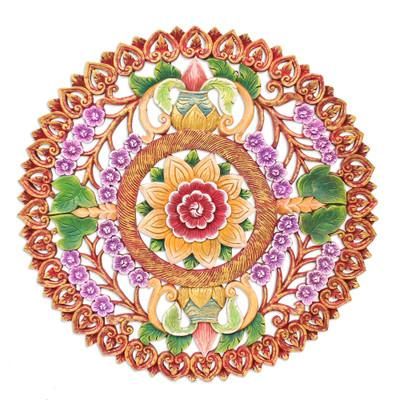 Splendid Garden,'Hand Painted Circular Teak Wood Relief Panel from Thailand'