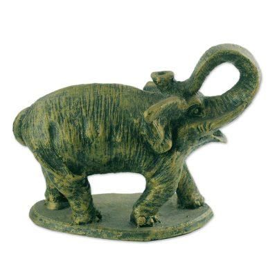 Striking Elephant,'Ceramic Sculpture of an Elephant in Green Tones from Ghana'