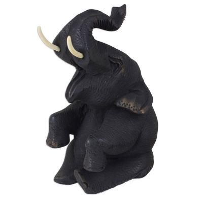 Happy Baby Elephant,'Thai Hand Carved Teak Wood Baby Elephant Sculpture'