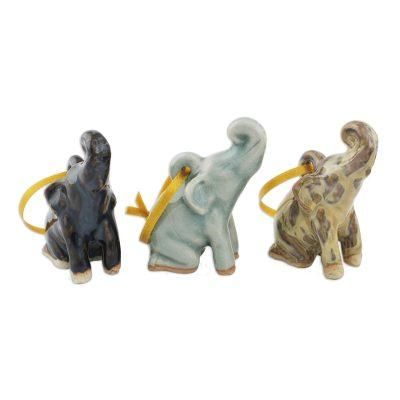 Celadon ceramic ornaments, 'Holiday Elephants' (set of 3)