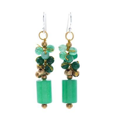 Green Touch,'Quartz and Brass Beaded Dangle Earrings with Silver Hooks'
